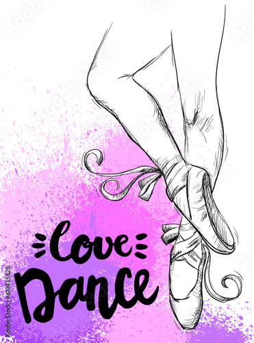 Cute abstract illustration with dancing ballerina in pointe shoes. Wallpaper for girls. Pretty fashion girlish illustration for t-shirt design
