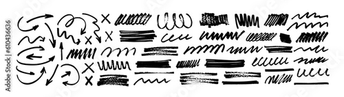 Marker drawn arrows, swirls and scribbled shapes. Hand drawn doodle dividers, rectangle brush strokes, underline markers collection. Abstract doodle writing design, vector squiggles and black arrows.