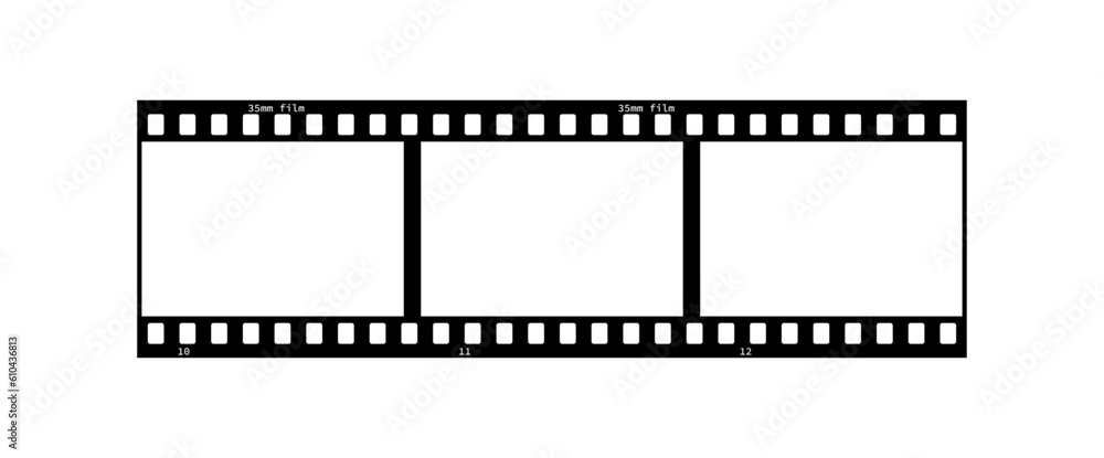 Vintage style 35mm film strip retro vintage vector design with three frames on white background. Retro 3 frames film reel symbol illustration to use in photography, television, cinema, photo frame. 