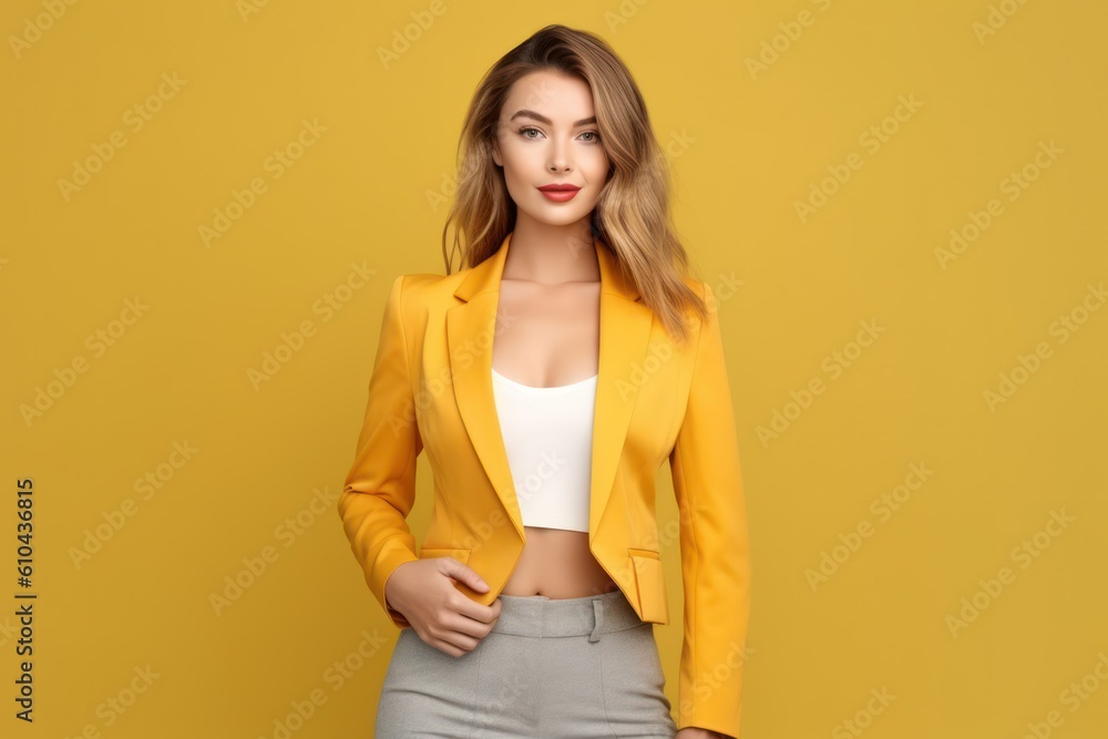 Portrait of an elegant brunette model wearing a yellow blazer, isolated on plain colorful background. Generative AI illustration. Portrait of an elegant brunette model wearing a yellow blazer, isolated on plain colorful background. Generative AI illustration.