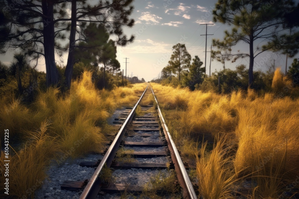 Fototapeta premium Railroad tracks in a forest landscape. Illustration AI Generative