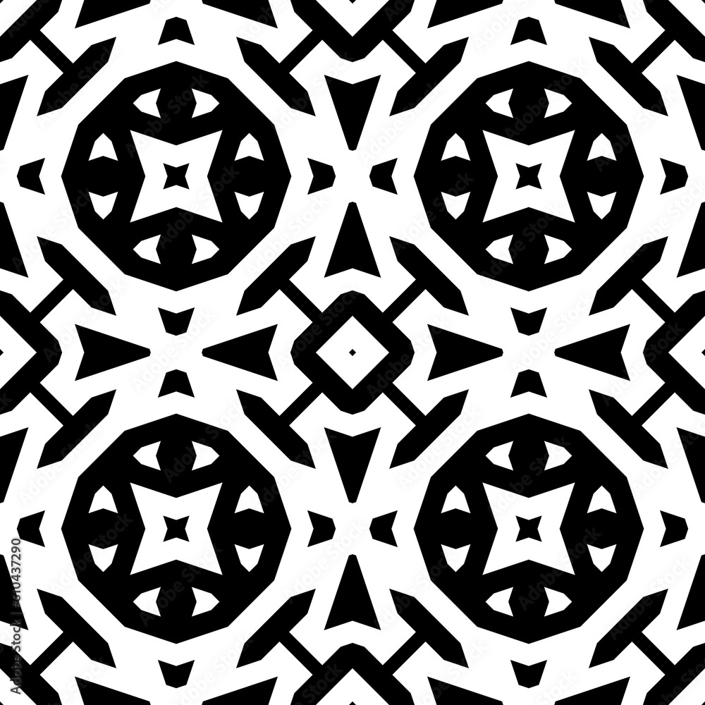 Black symmetric figures on white background. Repeating different shapes abstract. Seamless surface pattern design. Ancient motif. Digital paper for page fills, web design, textile print. Vector art Black symmetric figures on white background. Repeating different shapes abstract. Seamless surface pattern design. Ancient motif. Digital paper for page fills, web design, textile print. Vector art