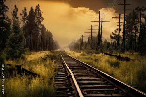 Railroad tracks in a forest landscape. Illustration AI Generative
