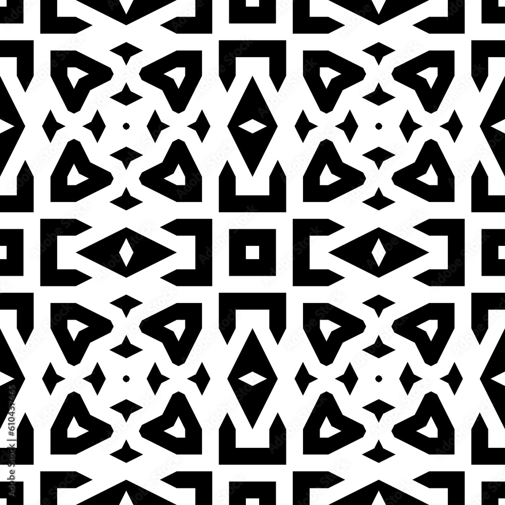 Fototapeta premium Black symmetric figures on white background. Repeating different shapes abstract. Seamless surface pattern design. Ancient motif. Digital paper for page fills, web design, textile print. Vector art