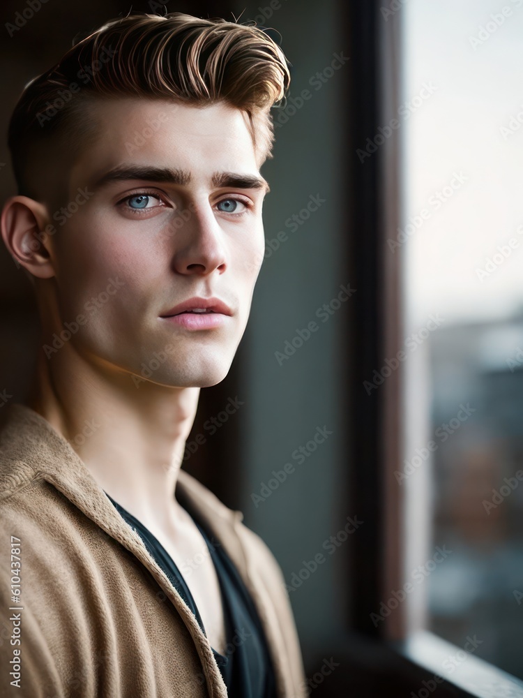 A portrait of an caucasian young man volume one created with generative ai, ki A portrait of an caucasian young man volume one created with generative ai, ki