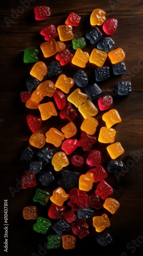 Sweet Fruit Gummies Candy Photorealistic Vertical Background. Sweet Dessert From Confectionery. Ai Generated Lifelike Background with Delicious Flavory Fruit Gummies Candy. Generative AI