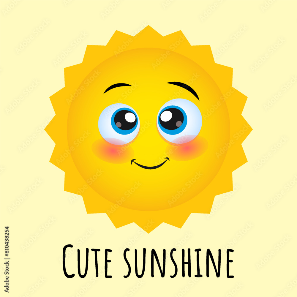 Funny cute little Sun illustration isolated on light yellow background. Cute sun cartoon character.