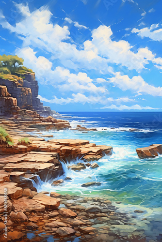 a painting of a rocky shore and water, in the style of realistic blue skies. AI generative