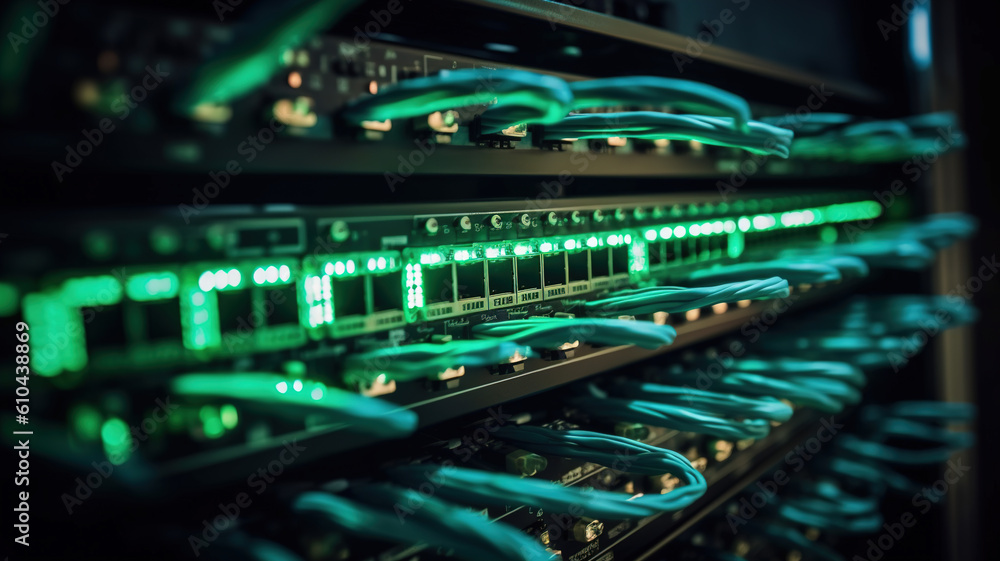 Fototapeta premium Data Center Server Hardware Equipment, Cloud computing data storage rack with flickering light indicators, network cables, close-up view. generative ai
