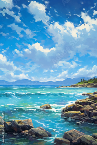 a painting of a rocky shore and water  in the style of realistic blue skies. AI generative