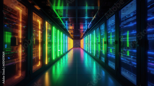 Data Center Server Room. Network Communication, Colorful Neon Server Racks, and Telecommunication Equipment in a Cutting-Edge Technology Background. generative ai