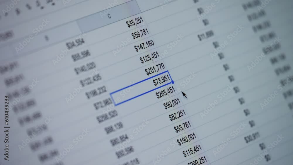 Close-up of financial cash flow data on PC screen.