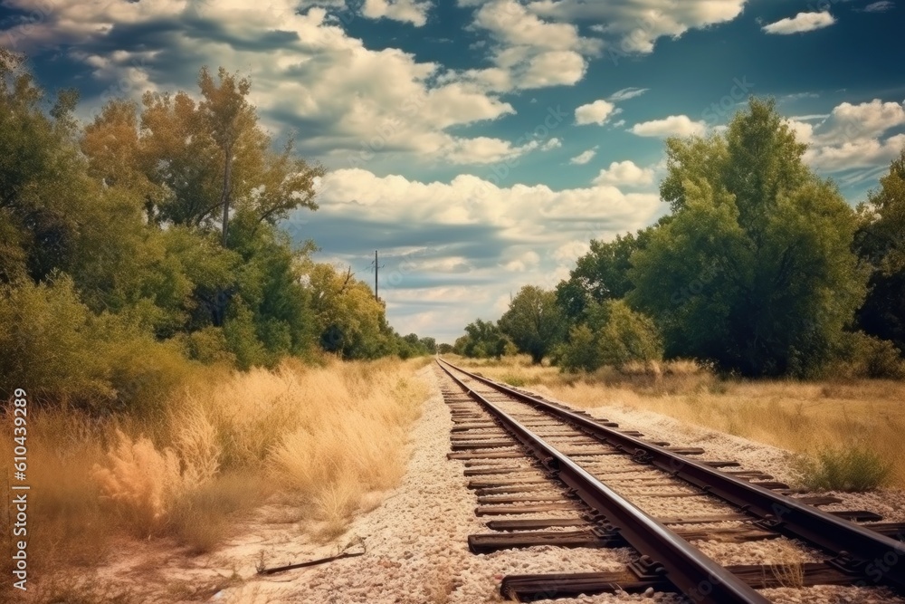 Railroad tracks in a forest landscape. Illustration AI Generative Railroad tracks in a forest landscape. Illustration AI Generative