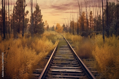 Railroad tracks in a forest landscape. Illustration AI Generative