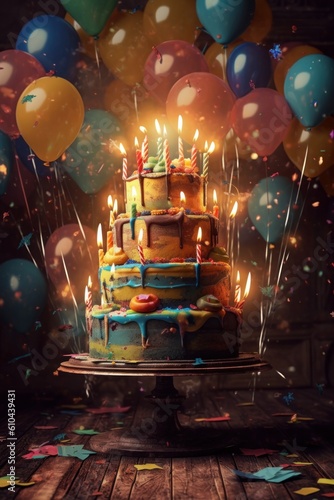 Birthday holiday background with balloons. Illustration AI Generative.