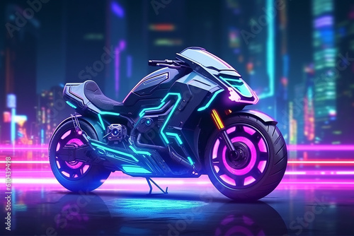 Modern and futuristic speed race motorcycle in cyberpunk neon city style. Generative ai