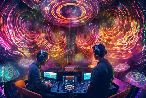 Psytrance, Techno, Rave Music Festival DJ Stock Photos: Summer Beach, Psychedelic Trance, Audio Record Turntable, Vinyl Party Sound Disco Technology Equipment Club Dance Retro Mixer Sun Generative AI photo