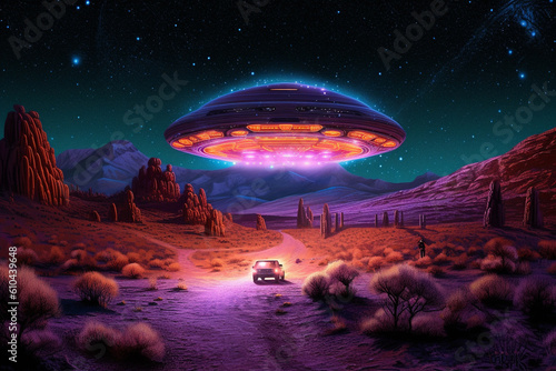 Giant alien space ship over the desert, night scenery. Generative ai