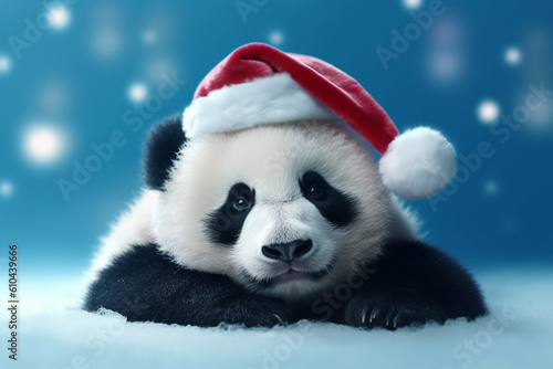 Adorable baby panda wearing Santa Claus hat