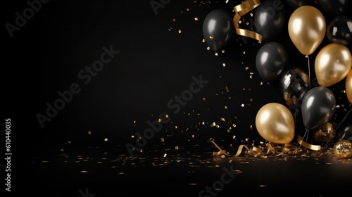 Holiday black background with balloons. Illustration AI Generative.