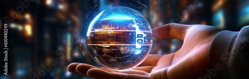 Hands holding a light bulb and technology background digital content. Illustr...