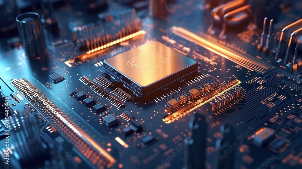 Quantum Power Unleashed: Microchip, circuit board with a CPU and other electronic components in the background. Generative AI Quantum Power Unleashed: Microchip, circuit board with a CPU and other electronic components in the background. Generative AI
