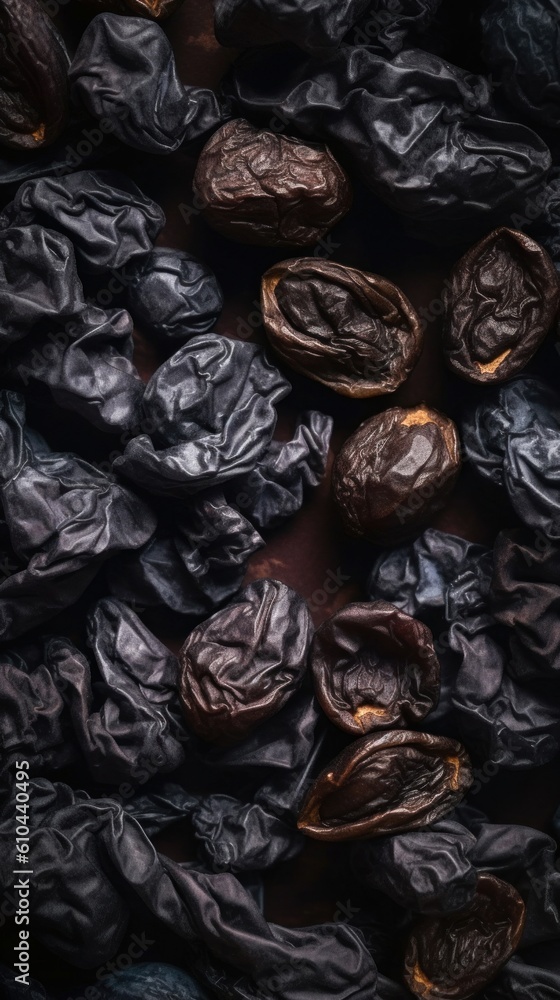 Organic Dried Prunes Fruit Photorealistic Vertical Background. Healthy