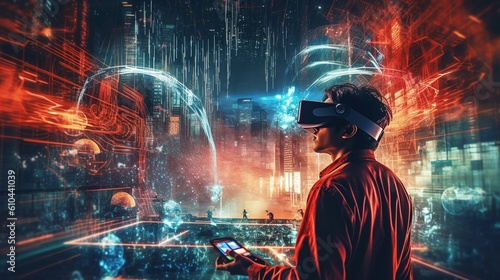 artificial intelligence: Man wearing VR glasses, virtual global world internet connection. Innovation of the futuristic future. Generative AI