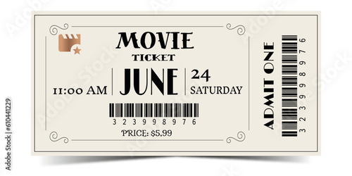 Vintage movie ticket in cmyk, ready to print. Vector illustration