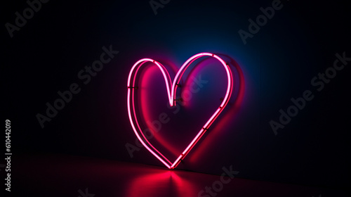 An image of a minimalist neon heart shape with bright pink and magenta tones against a clean navy blue background.