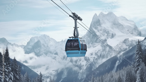 The cable car goes through the snowy mountains. Generative AI