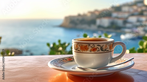 A glass of coffee on the balcony by the sea. Generative AI