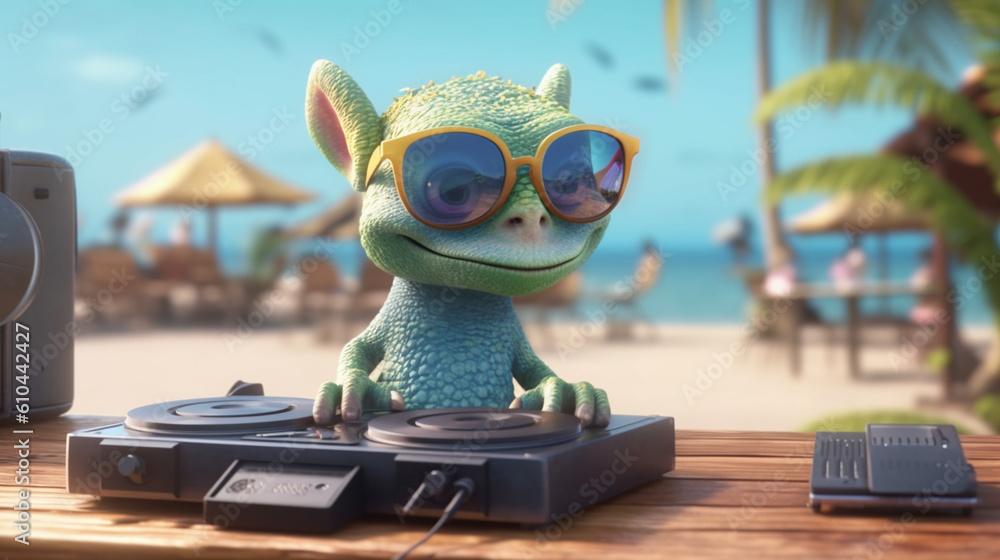Cartoon character dj on the beach. Generative AI Cartoon character dj on the beach. Generative AI