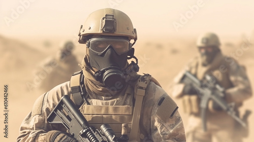 Modern soldiers in the desert. Generative AI