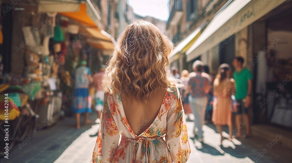 beautiful woman in summer dressin walk in the city street at marketplace bazar flowers,vegetables fruits,generated ai beautiful woman in summer dressin walk in the city street at marketplace bazar flowers,vegetables fruits,generated ai