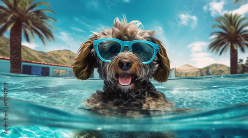 An AI generated illustration of a dog swimming in a pool wearing sunglasses.