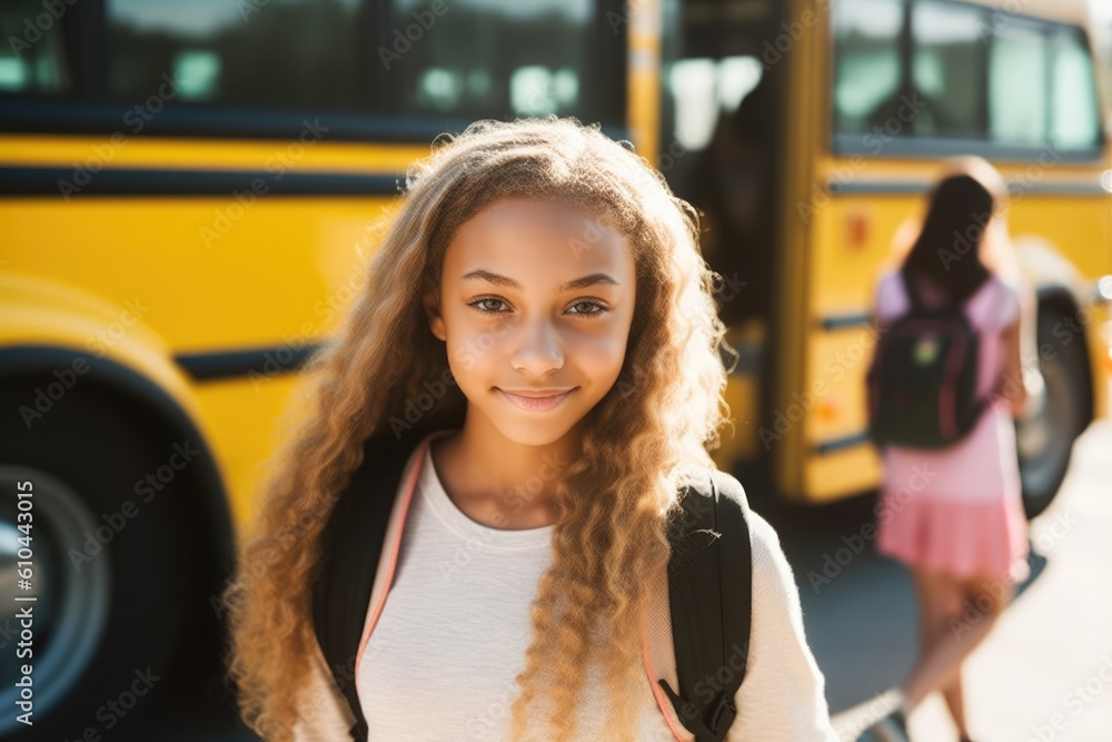 School Bus Pretty teenage girl Student After Getting Off Of Bus. Generative AI School Bus Pretty teenage girl Student After Getting Off Of Bus. Generative AI