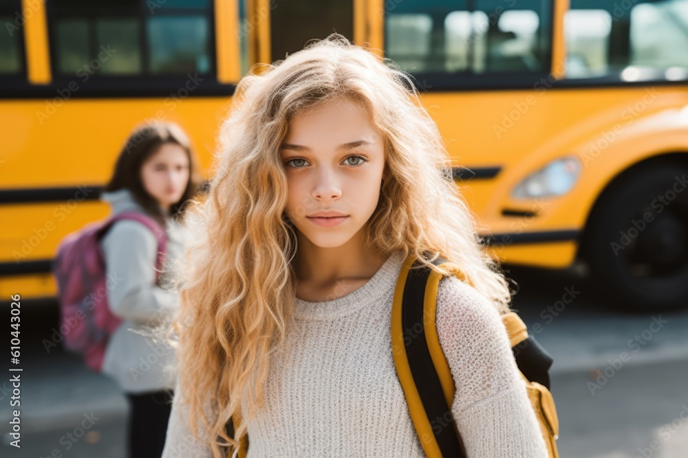 School Bus Pretty teenage girl Student After Getting Off Of Bus. Generative AI School Bus Pretty teenage girl Student After Getting Off Of Bus. Generative AI