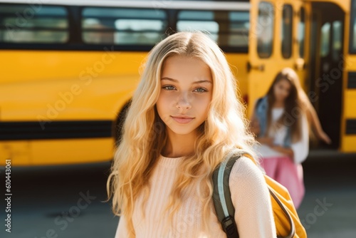 School Bus Pretty teenage girl Student After Getting Off Of Bus. Generative AI