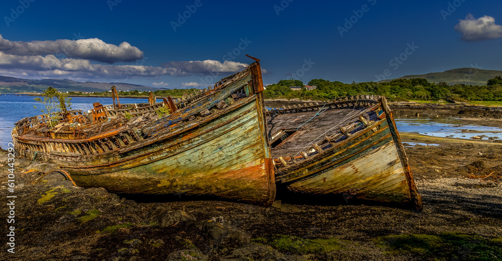 Salen's 3 ships - three old wrecked fishing boats in Salen on the Isle of Mull