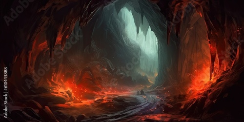 Dark and Sinister Underworld with ominous caves, fiery rivers, and demonic creatures Generative AI Digital Illustration Part#070623 