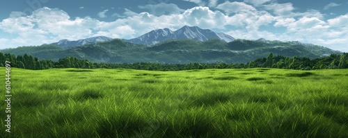A field of green grass with mountains in the background