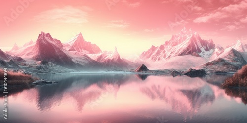 Harmonious Yoga and Mindfulness Landscape: Tranquil Lake, Snowy Mountain Peaks, and Delicate Pink Sunset Generative AI Digital Illustration Part#070623 