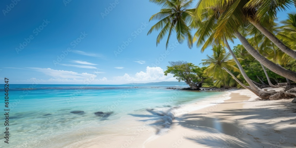 Pristine Beach, Crystal Clear Waters, and Palm Trees Swaying in the Gentle Breeze  Generative AI Digital Illustration Part#070623 