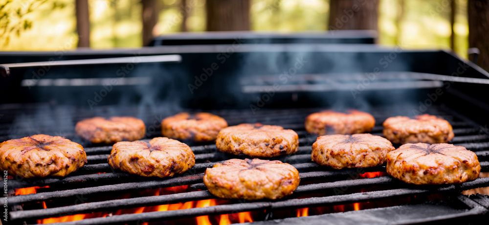 Cooking meat patties for burgers on a flame grill with smoke close-up. The concept of a picnic with a barbecue on a fire in the nature in the forest. Generative AI. Cooking meat patties for burgers on a flame grill with smoke close-up. The concept of a picnic with a barbecue on a fire in the nature in the forest. Generative AI.