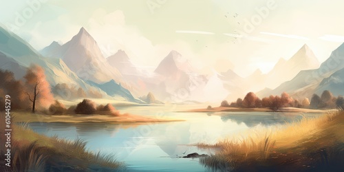 Calm Waters, Sunlit Meadow, and Majestic Mountain Range in Soft Pastel Tones  Generative AI Digital Illustration Part 070623  © Cool Patterns