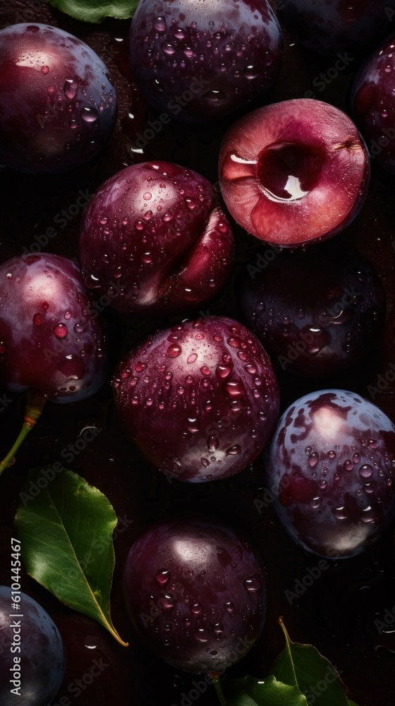 Fresh Organic Plum Fruit Photorealistic Vertical Background. Healthy Vegetarian Diet. Ai Generated Lifelike Background with Delicious Juicy Plum Fruit. Generative AI Fresh Organic Plum Fruit Photorealistic Vertical Background. Healthy Vegetarian Diet. Ai Generated Lifelike Background with Delicious Juicy Plum Fruit. Generative AI