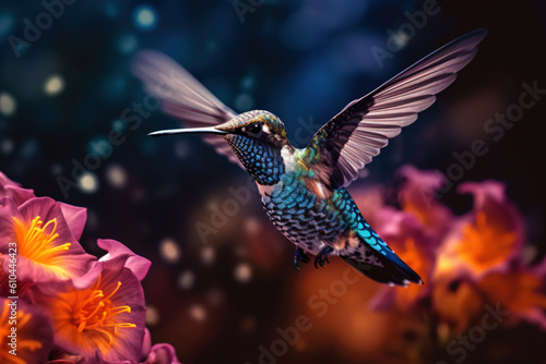 Hummingbird in flight, drinks from a flower. Generative AI © britaseifert