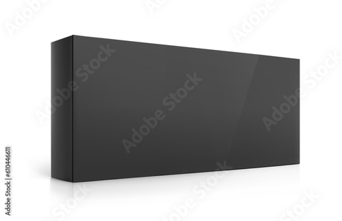 Realistic black cardboard box mockup. Half side view. Vector illustration isolated on white background. Can be use for food, medicine, cosmetic, sport and other. Ready for your design. EPS10.	