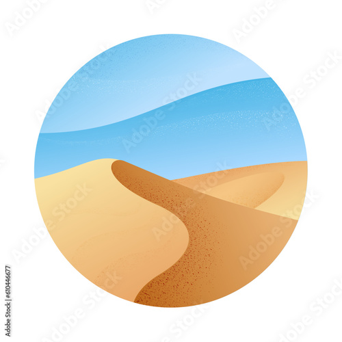 
Desert landscape in a round frame. Flat illustration with noise grainy texture.